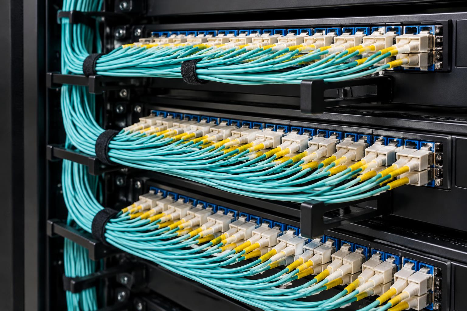 Illustrative close-up of organized fiber connections in a network rack